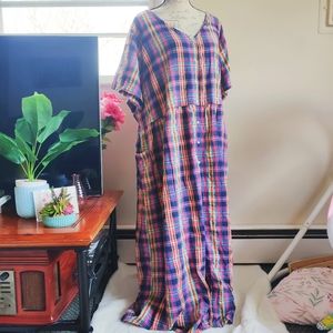 Vintage 80s Rainbow Plaid Cotton Snap Button Floor Length Maxi Dress 3X